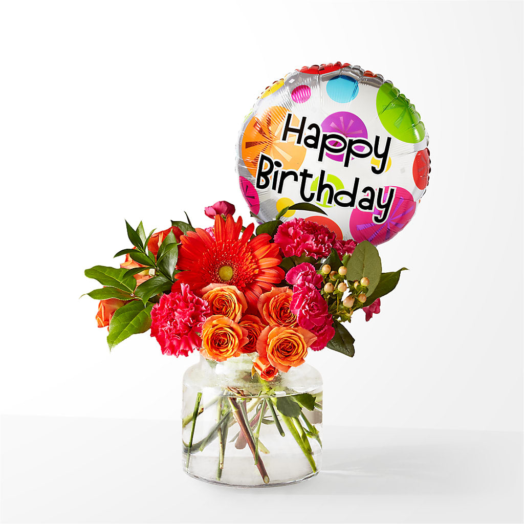 Fiesta Bouquet with Birthday Balloon – SARAH'S FLOWERS, Fullerton CA