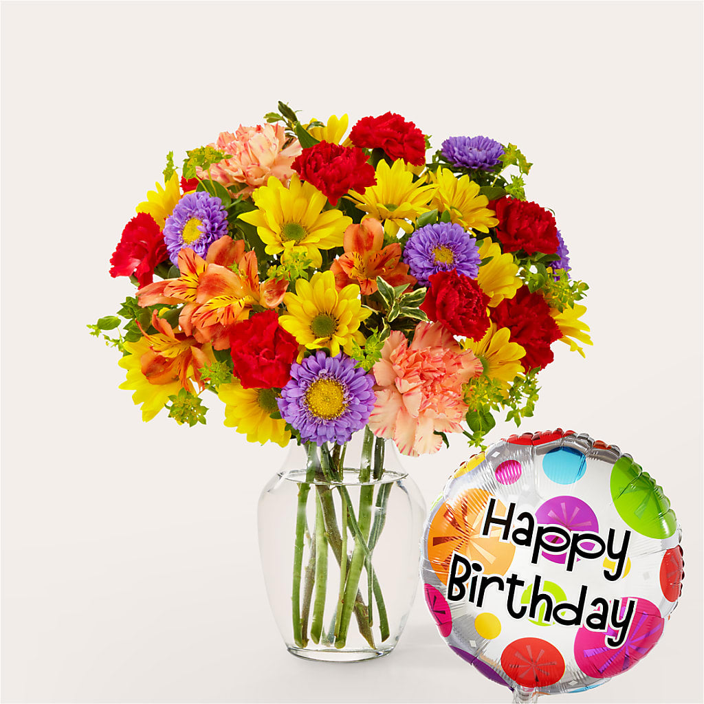 Kaleidoscope Bouquet with Birthday Balloon – SARAH'S FLOWERS, Fullerton CA