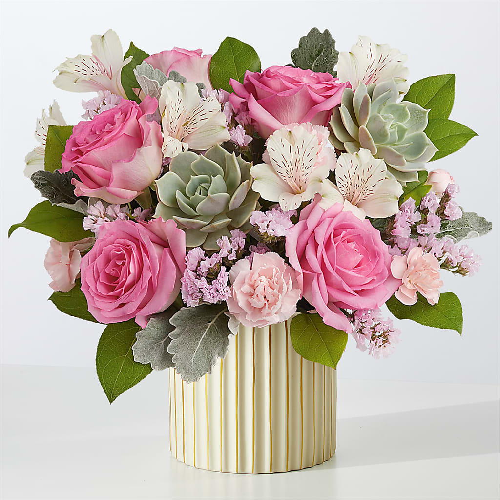 Dusty Rose Bouquet with Ivory Vase – SARAH'S FLOWERS, Fullerton CA