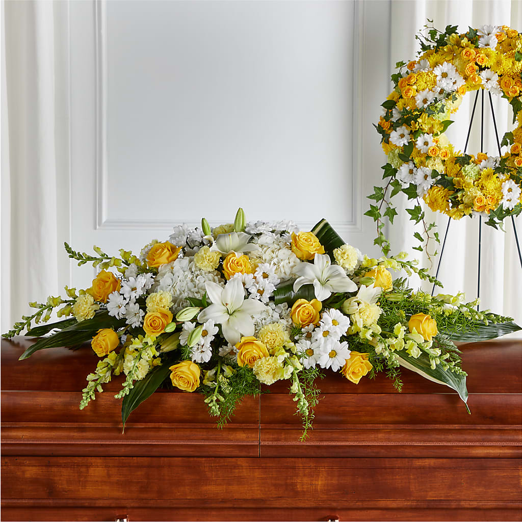 Golden Harmony Casket Spray – SARAH'S FLOWERS, Fullerton CA