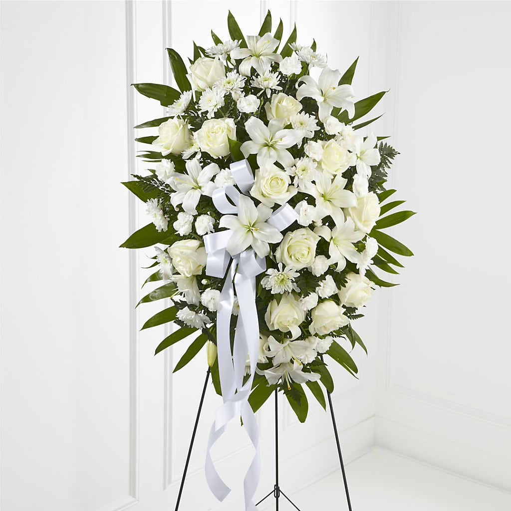 Exquisite Tribute Standing Spray-White Ribbon – SARAH'S FLOWERS, Fullerton CA