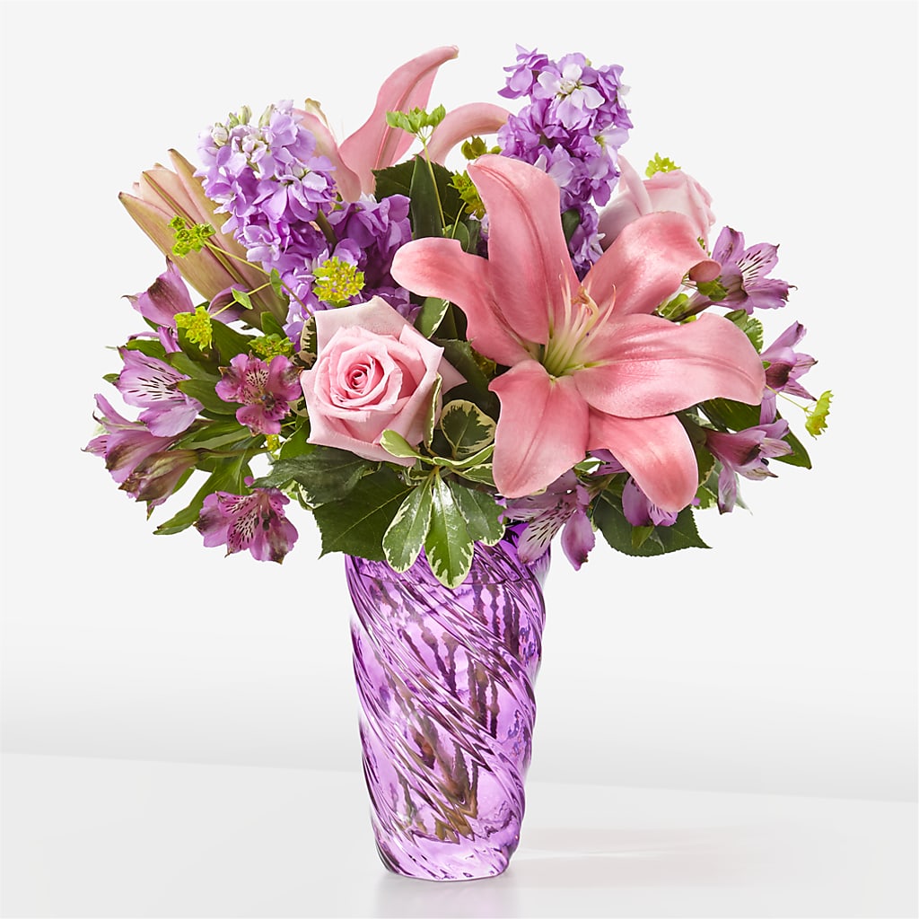 Precious Petals Bouquet with Luxe Swirl Vase – SARAH'S FLOWERS, Fullerton CA