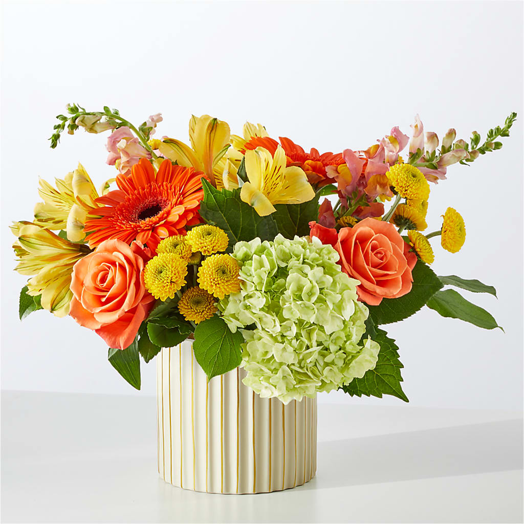 Autumn Sunshine Bouquet with Ivory Vase – SARAH'S FLOWERS, Fullerton CA