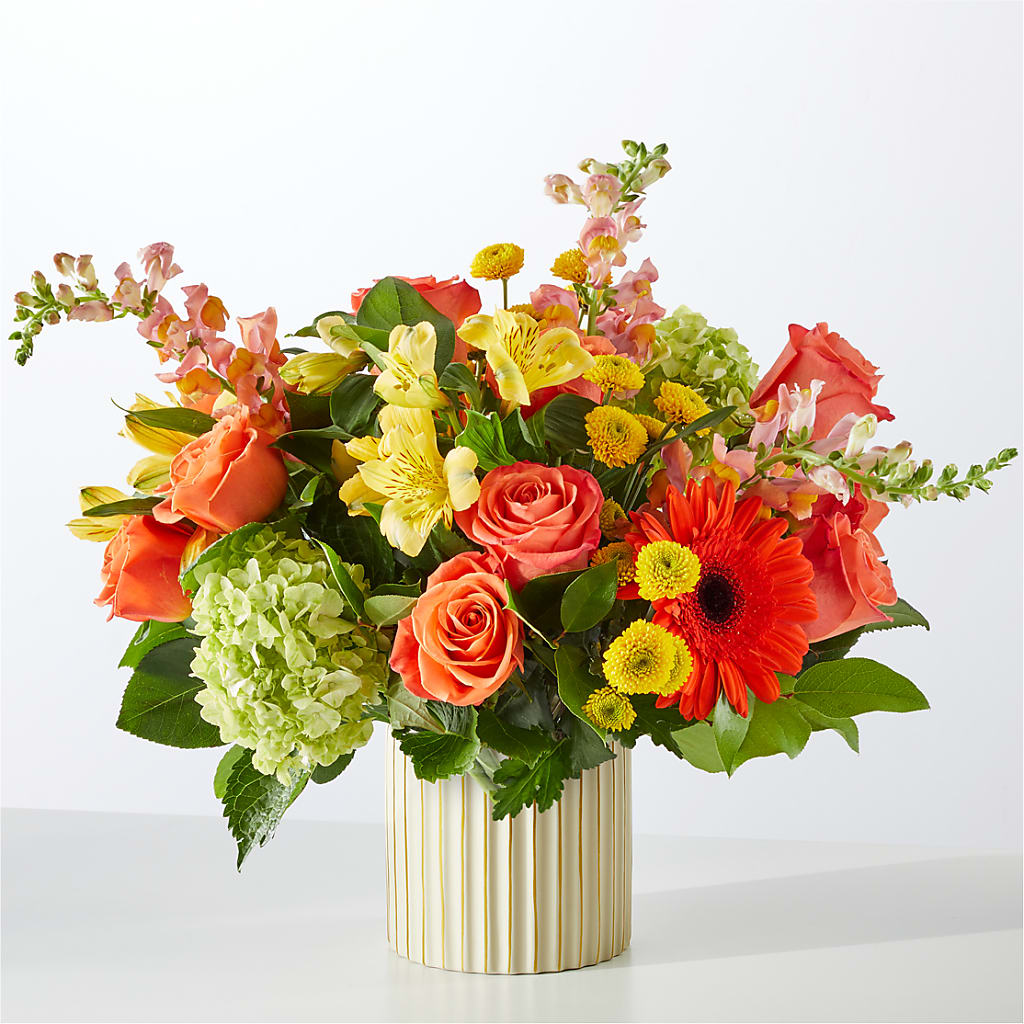Autumn Sunshine Bouquet with Ivory Vase – SARAH'S FLOWERS, Fullerton CA