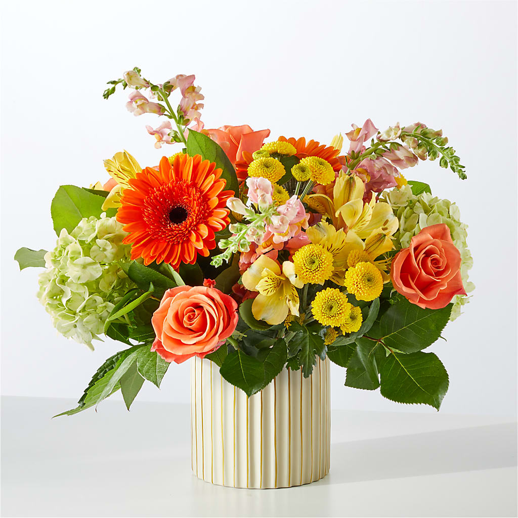 Autumn Sunshine Bouquet with Ivory Vase – SARAH'S FLOWERS, Fullerton CA