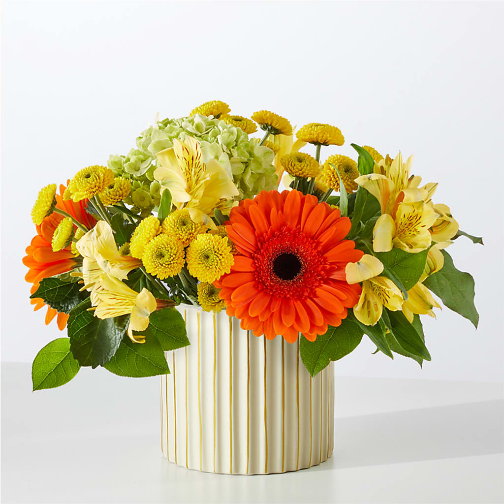 Autumn Sunshine Bouquet with Ivory Vase – SARAH'S FLOWERS, Fullerton CA